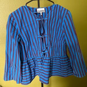Ganni Blue & Burgundy Striped Tie-Front Top size 34 AKA Small